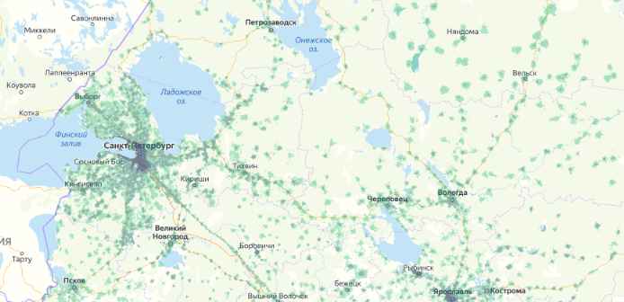 Зона покрытия МТС на карте Луга 